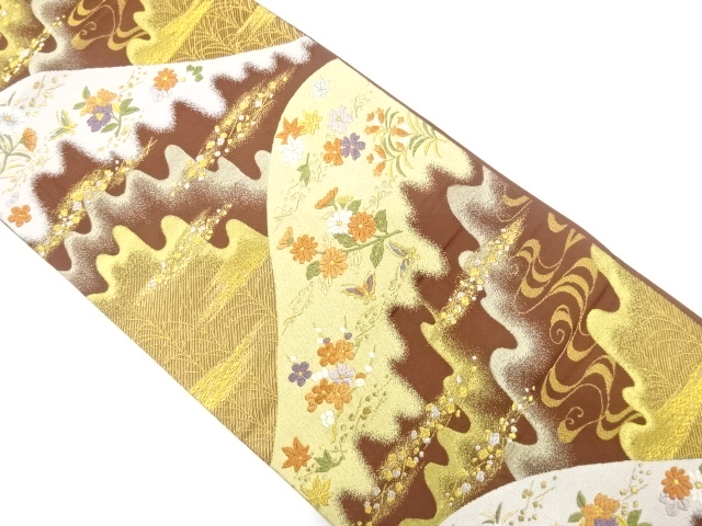 山並に蝶・花模様織出し袋帯